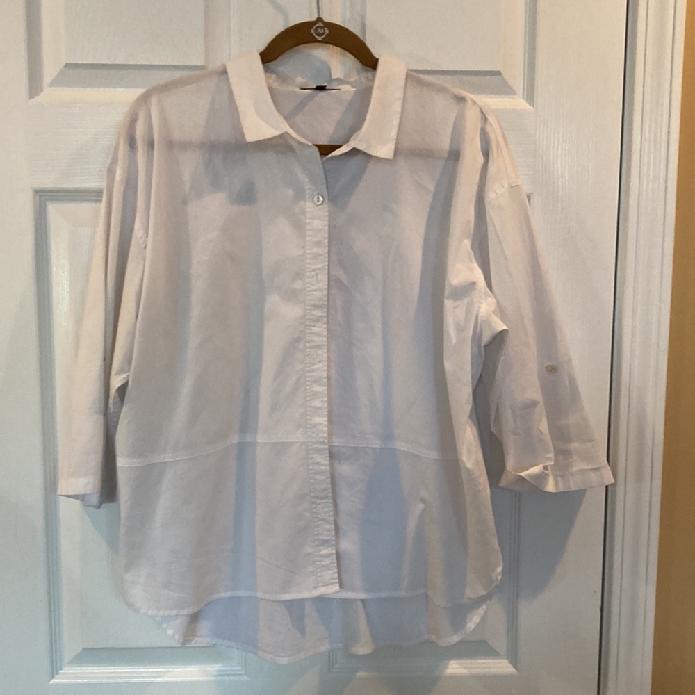 Eileen Fisher White Top w/Roll Up Button Sleeves Sz L/G